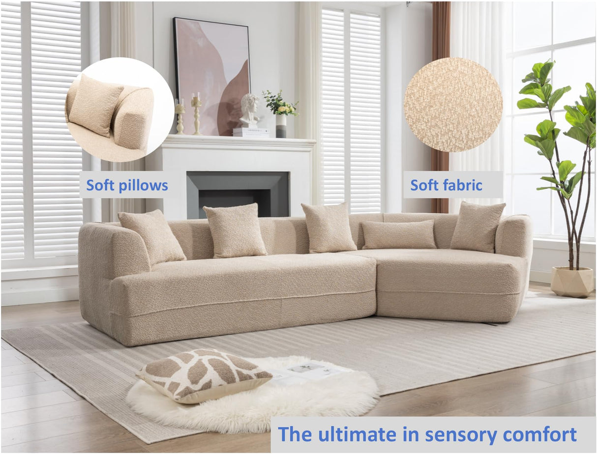 VASOENY 125.2'' Modern Sectional Sofa, Boucle Fabirc Curved Couch with Right Facing Sectional Chaise Lounge and 5 Pillows, 3 Seat Corner Sofa Couch for Living Room, Office, Apartment VASOENY