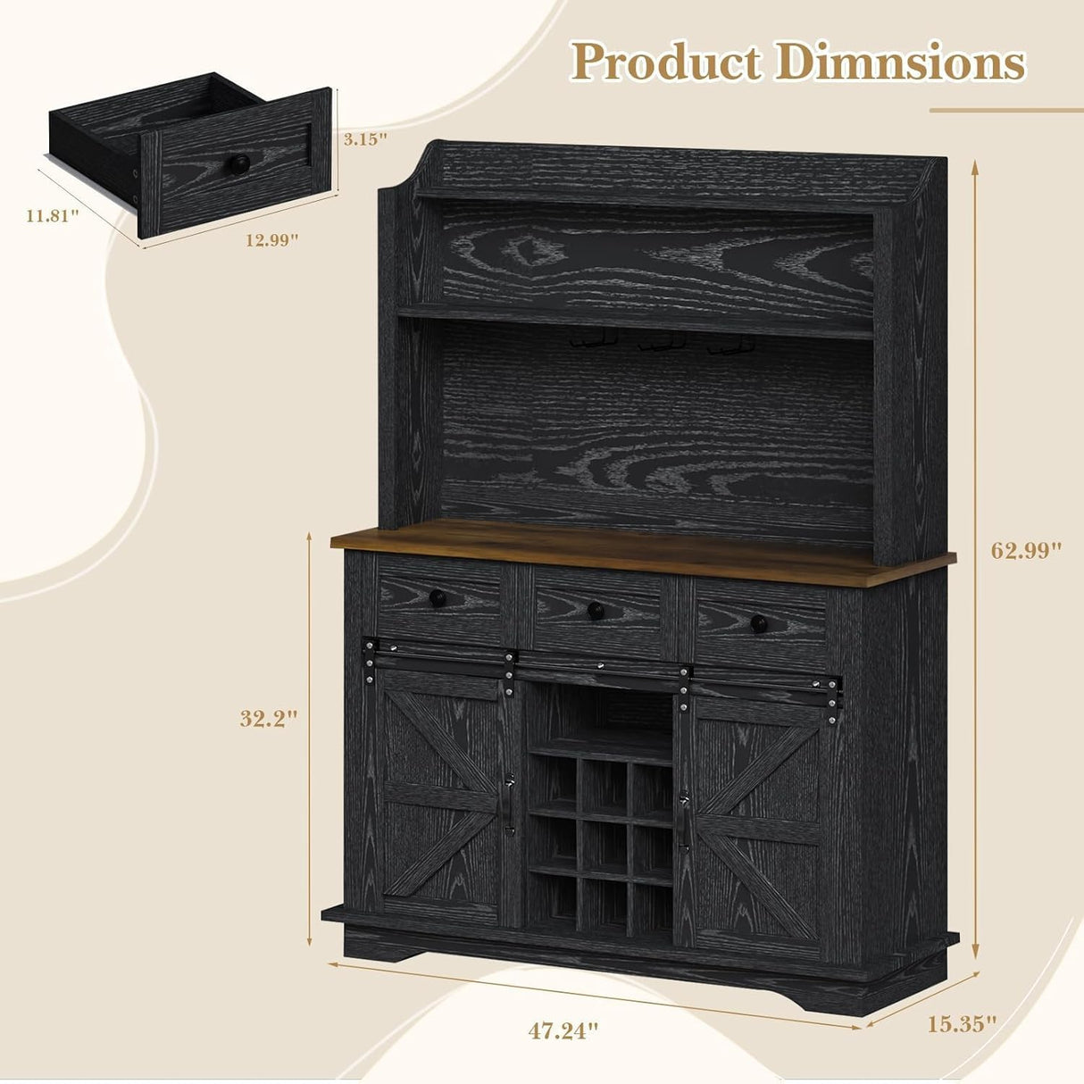 REVOMINCA 63 Inch Tall Coffee Bar Cabinet with 3-Tier, Kitchen Hutch with 3 Large Drawers, Farmhouse Coffee Bar with 9 Wine Racks & 3 Glass Holders, Wine Storage Cabinet for Living Dining Room, Black REVOMINCA