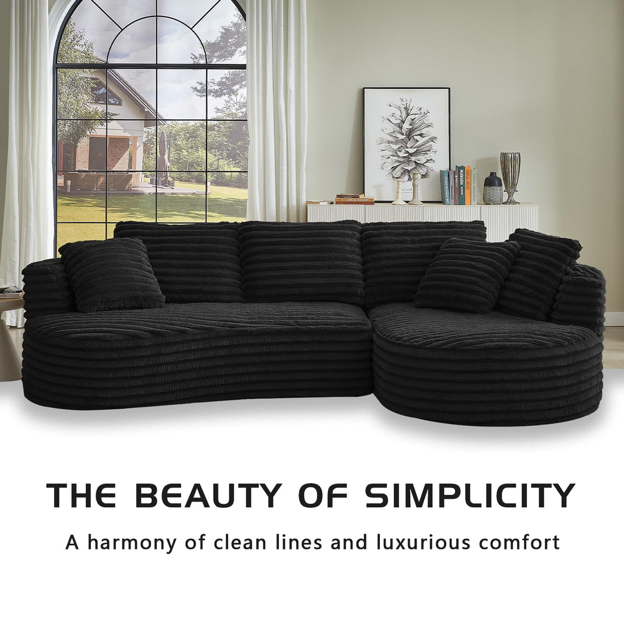 Tabaray 120.9'' Minimalist Curved Sofa, Boneless Modular Sectional Sofa, Cloud Corduroy L-Shaped Couch with Right Chaise, Modern Floor Couches for Living Room, Apartment, No Assembly Required, Black Tabaray