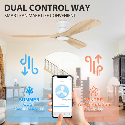 Livory Smart 52” Wood Flush Mount Ceiling Fans with Lights and Remote,Quiet DC Motor,Outdoor Indoor Ultra Low Profile Ceiling Fan works with Alexa WIFI APP,Modern White Ceiling Fan for Bedroo - WoodArtSupply