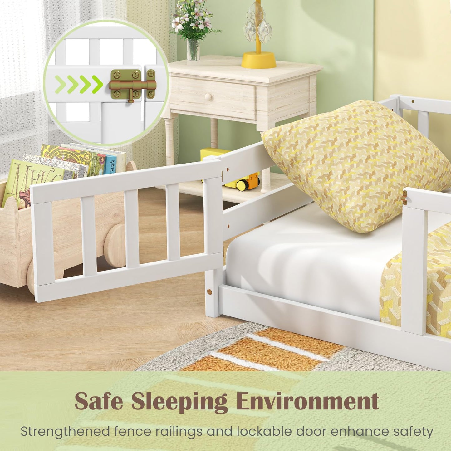 Giantex White Montessori Twin Floor Bed with Safety Guardrails and Lockable Door for Kids - WoodArtSupply