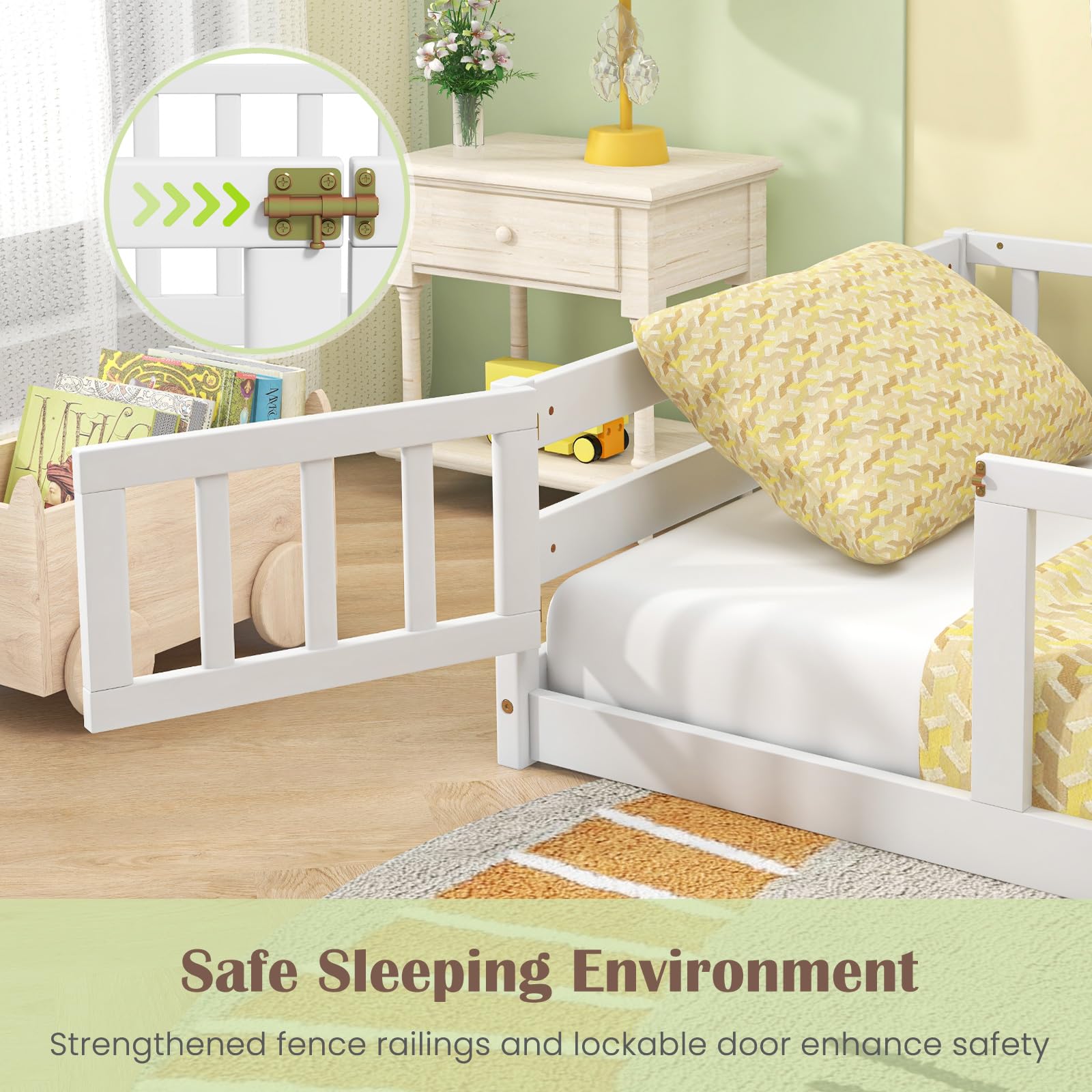 Giantex White Montessori Twin Floor Bed with Safety Guardrails and Lockable Door for Kids - WoodArtSupply