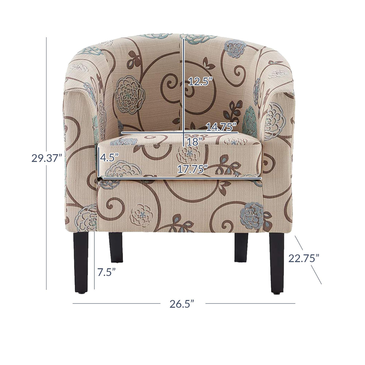 BELLEZE Living Room Chair, Linen Round Accent Barrel Chair, Club Tub Sofa Chair for Bedroom, Corner Chair with Flared Legs and Cozy Soft Padding - Highland (Floral Print) BELLEZE