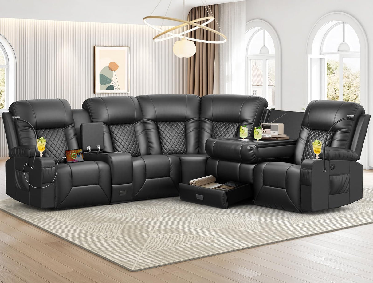 YONISEE Recliner Sectional Sofa, 5 Seats L-Shape Manual Reclining Sofa with Console & Flip Backrest Design, Storage Drawer, USB Ports, 2 Cell Phone Holder, Sofa Couch for Home Theater YONISEE