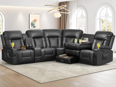 YONISEE Recliner Sectional Sofa, 5 Seats L-Shape Manual Reclining Sofa with Console & Flip Backrest Design, Storage Drawer, USB Ports, 2 Cell Phone Holder, Sofa Couch for Home Theater