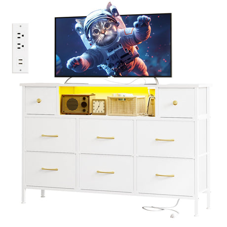 Fixwal Dresser for Bedroom with Power Outlets and LED Lights, White 55" TV Stand with 8 Drawers, Fabric Chest of Drawers with PU Finish for Living Room, Entryway Fixwal