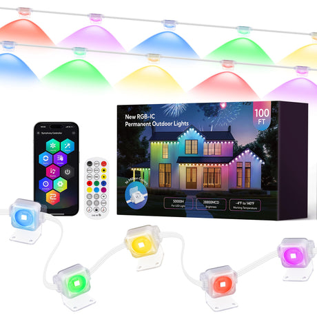 Qunlight Permanent Christmas Lights Outdoor for House,100FT Smart RGBIC Outside Light with 66 Scene Modes,IP67 Waterproof Color Changing Lights for Roof,Eaves,Xmas,Halloween,All Holiday Decorations Qunlight