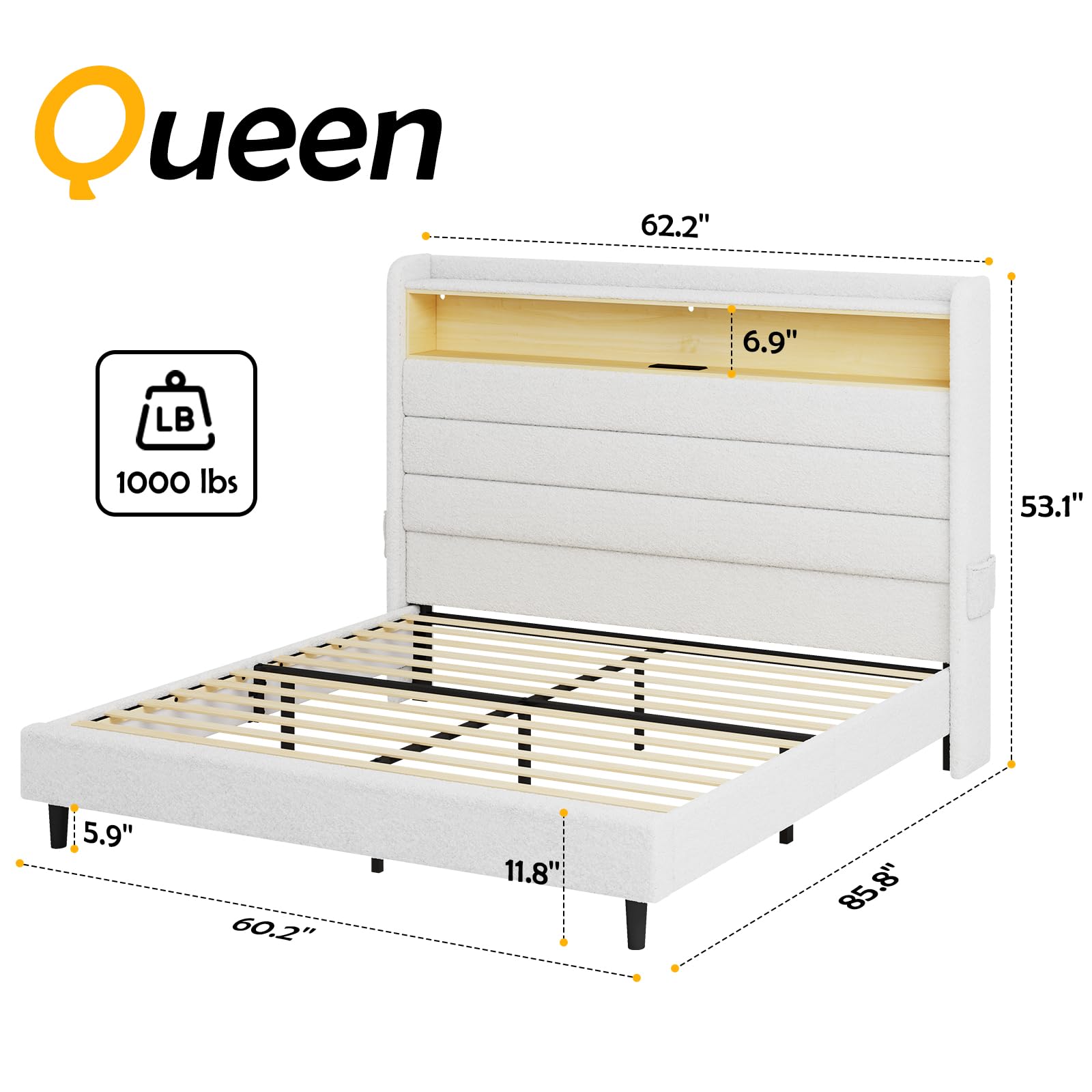 Jocisland Queen Upholstered Bed Frame with LED Lights and Charging Station - Boucle White Wingback Design - WoodArtSupply