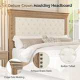 YUMPIE Rustic Solid Wood King Bed Frame with 68" Tall Headboard, Chenille Upholstered Farmhouse Panel Platform Bed Mattress Frame, Button Tufted/Antique Brass Nail Trim/No Box Spring Needed, Milk Ash YUMPIE