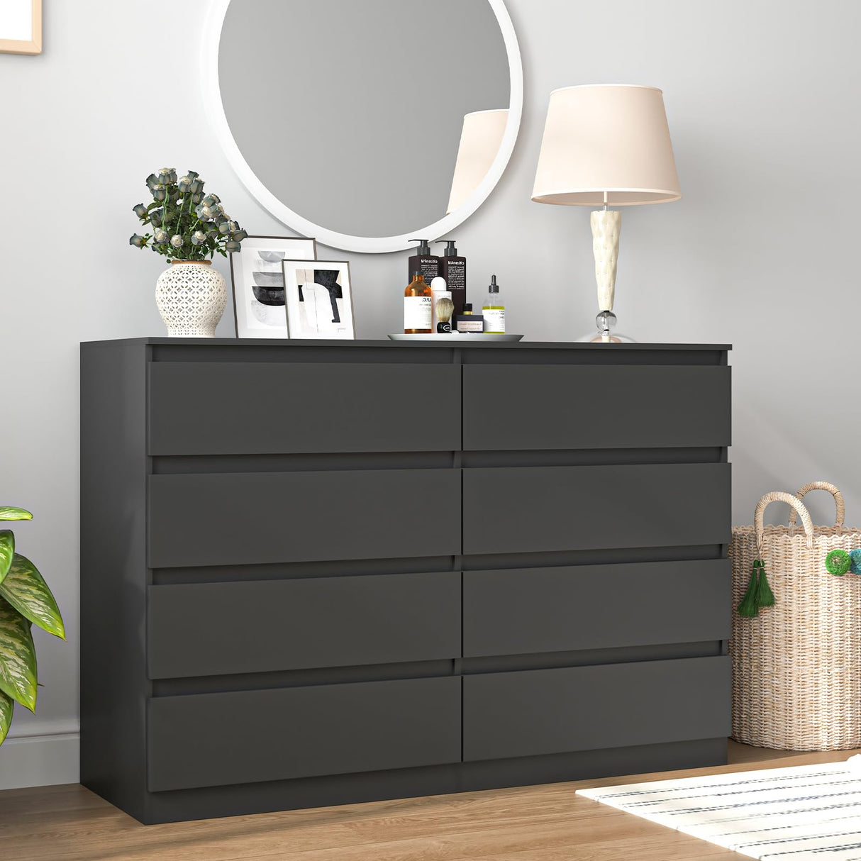 Vibe & Dine 8 Drawer Double Dressser, Modern Chest of Drawers with Wide Storage for Closet, Bedroom, Living Room, Black Vibe & Dine