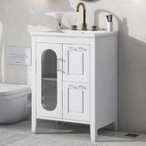 Harper & Bright Designs 24" Bathroom Vanity with Sink, Free Standing Single Basin Vanity Set with Two Drawers and Glass Door, Modern Wooden Bathroom Cabinet with Ceramic Basin for Bathroom, White Harper & Bright Designs