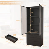 Vrmuxita Display Cabinet with Glass Doors: 79" Black Lighted Display Cabinet with 3 Drawers, Tall Bookcase with 2 Doors, Glass Door Bookcase for Living Room (Black) Vrmuxita