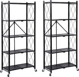 HealSmart Heavy Duty 5-Tier Foldable Metal Rack, 27.95" D x 14.96" W x 63.78" H Storage Shelving Unit 1250 lbs with Wheels Moving Organizer Shelves for Garage Kitchen, Black, 2 Pack HealSmart