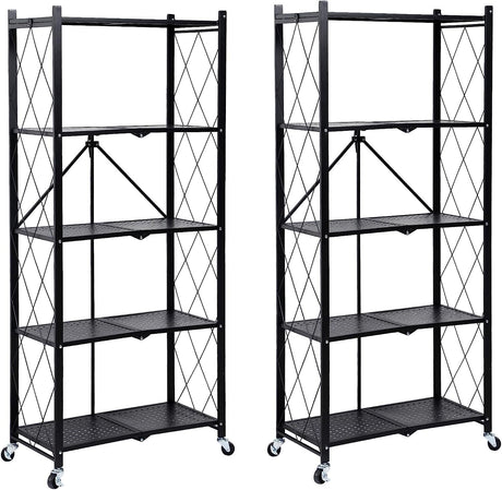 HealSmart Heavy Duty 5-Tier Foldable Metal Rack, 27.95" D x 14.96" W x 63.78" H Storage Shelving Unit 1250 lbs with Wheels Moving Organizer Shelves for Garage Kitchen, Black, 2 Pack HealSmart