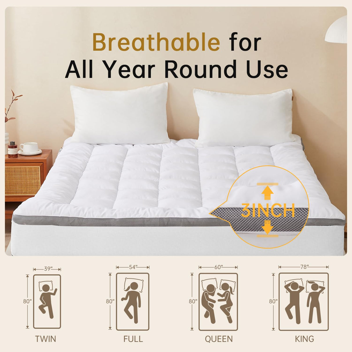 SAPHREAS Queen Size Mattress Topper 3 inch with 8-20 inches Stretchable Pockets, Soft Pillow Top Mattress Pad for Back Pain Relief with Breathable Air Mesh Sides SAPHREAS