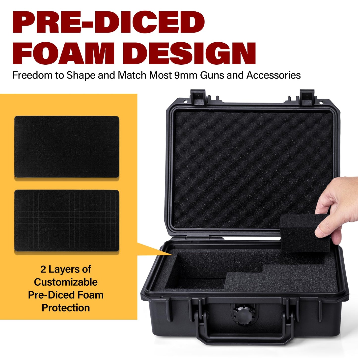 MewVeer Pistol Case for Handgun, Hard Gun Cases, TSA-Approved Waterproof & Shockproof Travel Pistols Box with Pre-Diced Foam for 9mm Gun and Accessories