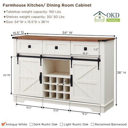 OKD 54" Farmhouse Buffet Cabinet with Storage, Large Kitchen Coffee Bar w/Sliding Barn Door, Wine & Glass Rack, Rustic Wine Bar Sideboard Table w/ 3 Drawers, Storage Shelves, Antique White