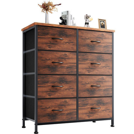 DUMOS Dresser for Bedroom with 8 Fabric Drawers, Tall Chest Organizer Units for Clothing, Closet, Kidsroom, Storage Tower with Cabinet, Metal Frame, Wooden Top, Lightweight Nursery Furniture, Brown DUMOS