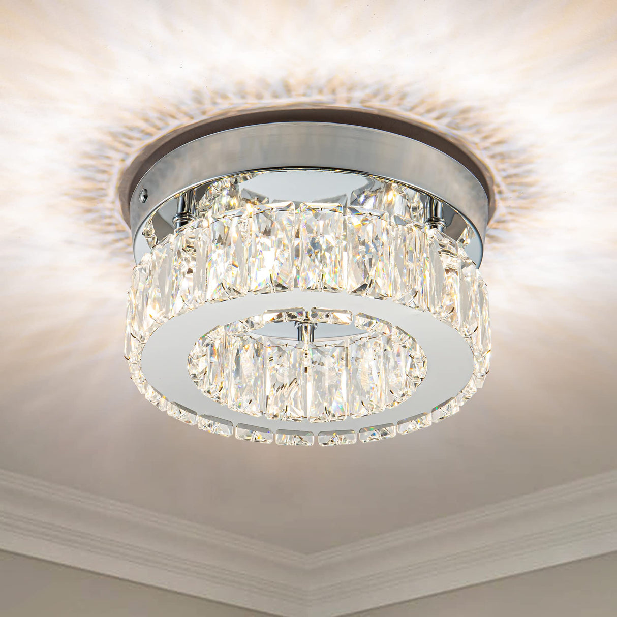 Mini Modern Crystal Chandeliers Flush Mount Ceiling Light Fixture LED Mini Chandeliers with Crystals Hallway Light Bedroom Chandelier for Bathroom Kitchen Office HomLaiting