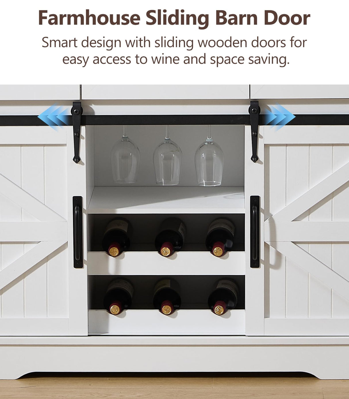 Kmax Farmhouse Wine Bar Cabinet w, 54” Buffet Cabinet with Storage, Rustic White Coffee Bar Cabinet with Sliding Barn Doors, Wine/Glass Rack & 3 Drawers for Living, Dining Room, Black Top Kmax