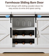 Kmax Farmhouse Wine Bar Cabinet w, 54” Buffet Cabinet with Storage, Rustic White Coffee Bar Cabinet with Sliding Barn Doors, Wine/Glass Rack & 3 Drawers for Living, Dining Room, Black Top Kmax