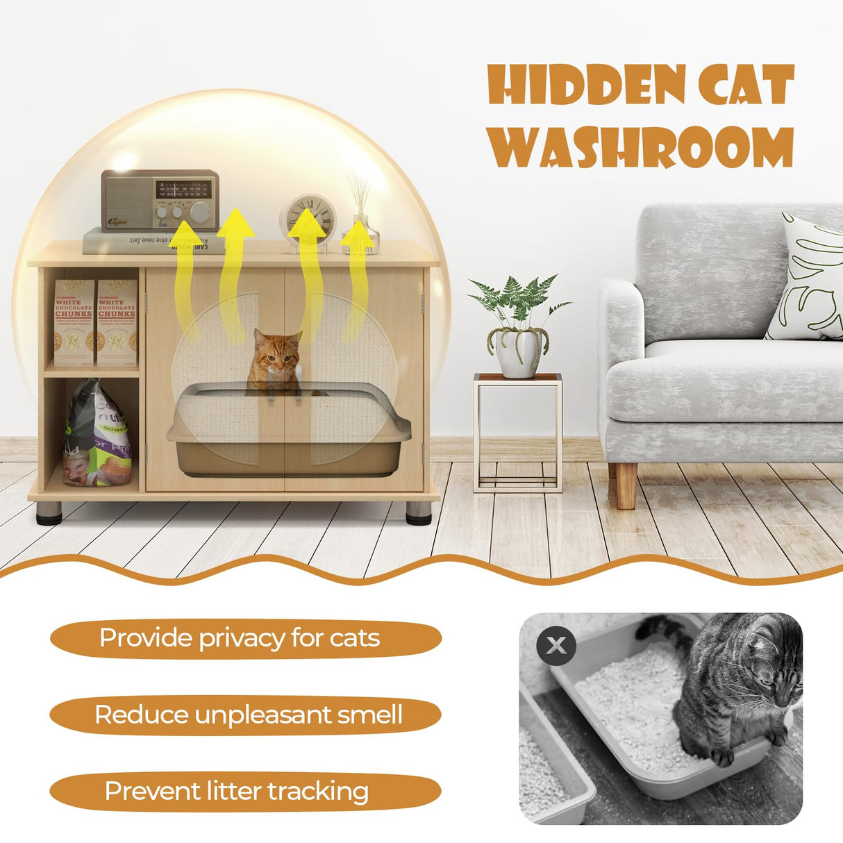 Tangkula Cat Litter Box Enclosure, Hidden Cat Washroom with Storage Shelf, Sisal Scratching Doors, Adjustable Metal Feet, Modern Cat Litter Cabinet Storage Bench, Hidden Litter Box Furniture (Natural) Tangkula