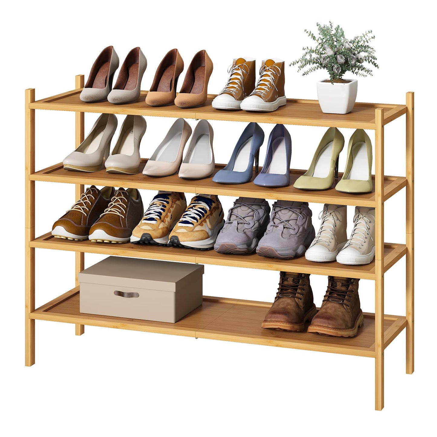 kiplant Long Shoe Rack, 4-Tier Bamboo Wood Shoe Rack, Stackable Shoe Rack for Closet, Entryway & Hallway - WoodArtSupply