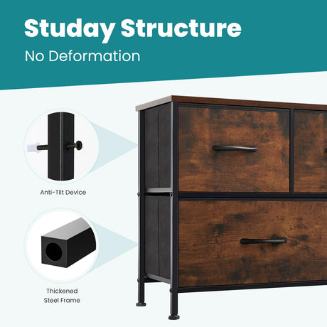 OLIXIS 5 Drawer Dresser Nightstand Classic Rust Brown, Wooden Top Metal Frame Fabric Storage Organizer for Bedroom Living Room Entryway, Wide TV Stand Closet Chest Furniture OLIXIS