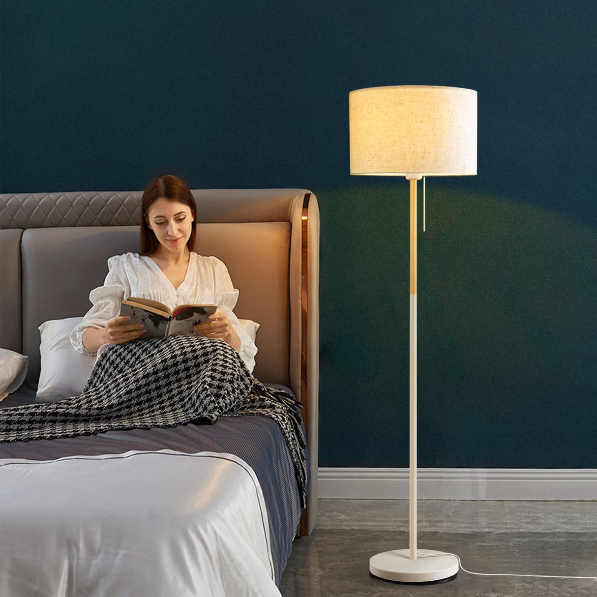 Modern Floor Lamp for Living Room Traditional Farmhouse Floor Lamps Mid-Century Pole Lamp with Linen Lamp Shade, Standing Tall Floor Lamps for Bedrooms and Office (White) LALISU