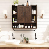 RUSTOWN Rustic Wood Wall Bathroom Cabinet, Farmhouse Medicine Cabinet Wall Mounted, Space Saving Wall Storage Cabinet with 2 Barn Door, 3-Tier Adjustable Shelves and Towel Bar(Dark Walnut) RUSTOWN