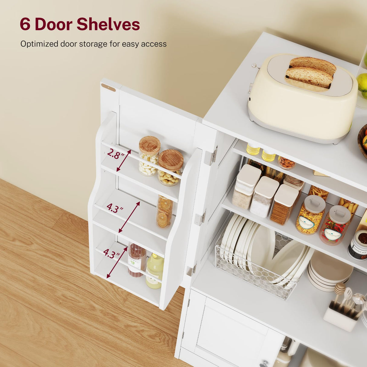 TEENFON 43'H Pantry Cabinet with 4 Doors, Kitchen Cabinet with 6 Door Shelves, Kitchen Pantry for Living Room, Dining Room, Bathroom, White TEENFON