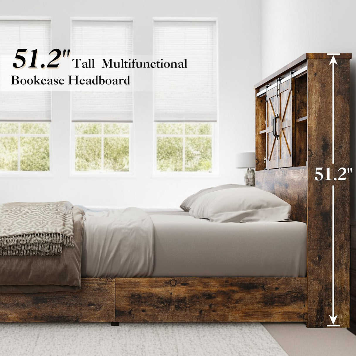 YUMPIE Farmhouse King Size Bed with 51.2" Bookcase Headboard, Wooden Platform Beds with Sliding Barn Door, Built-in Charging Station and 2 Storage Drawers, No Box Spring Needed, Rustic Brown YUMPIE