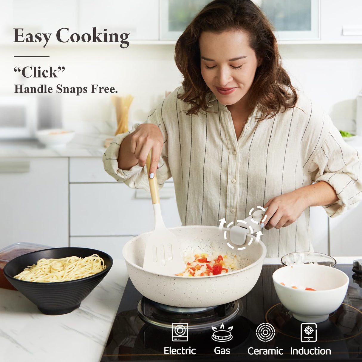 Bazova Ceramic Nonstick Cookware Set, Healthy,Non Toxic,17-Pieces Pots and Pans Set Removable Handles,Induction RV Kitchen Set,Stain & Scratch-resistant,Dishwasher/Oven Safe,PFAS/PFOA Free,Cream White bazova