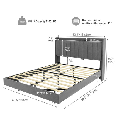 YITAHOME Grey Queen Size Floating Bed Frame with Upholstered Headboard, LED Lighting, and USB Ports