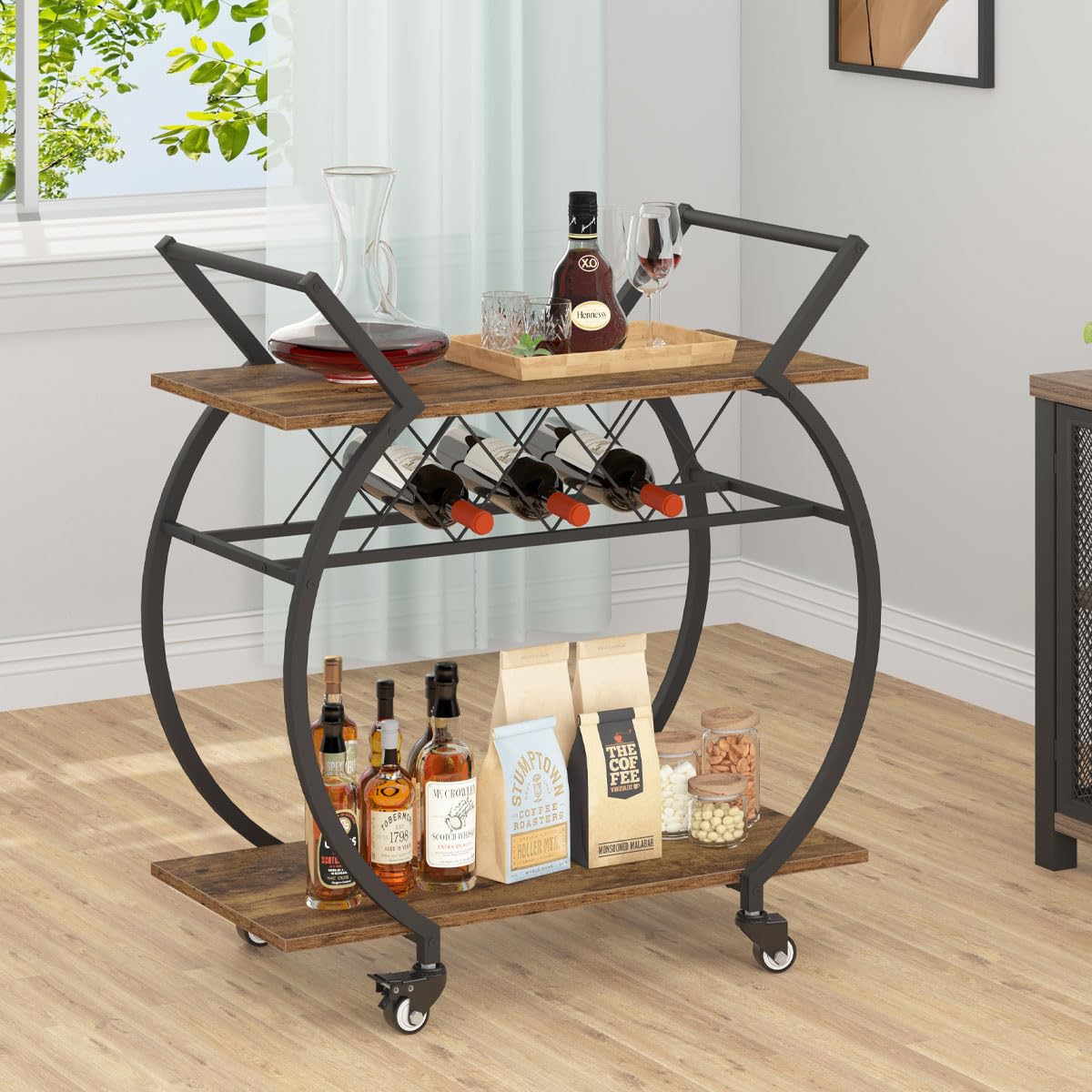 LVB Industrial Kitchen Bar Cart, Farmhouse Beverage Serving Liquor Cart with Wheels, Wood and Metal Rolling Wine Cart with Storage Shelf, Microwave Drink Cart for Home Living Dining Room, Rustic Brown