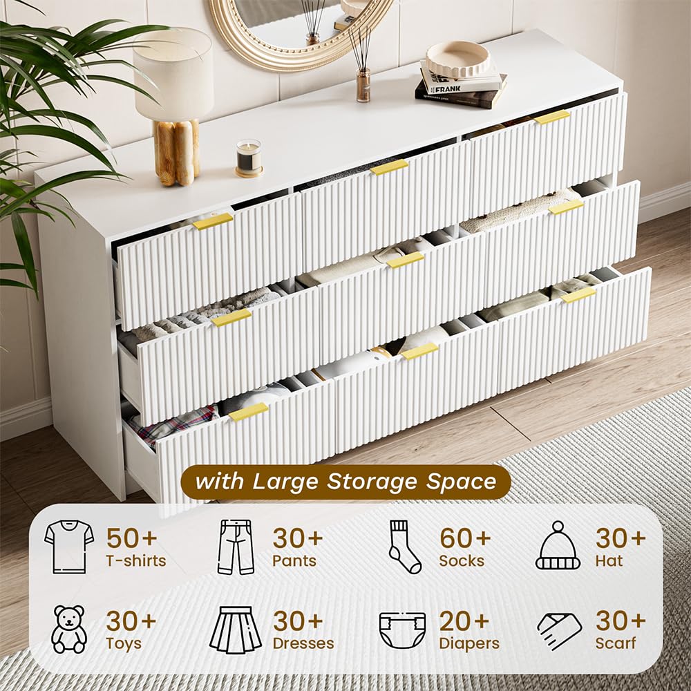 MAISONARIA White Dresser for Bedroom, 9 Drawer Double Dresser, Modern Chest of Drawers for Bedroom, Living Room, Entryway and Closet, 63" L x 15.7" D x 31.5" H MAISONARIA