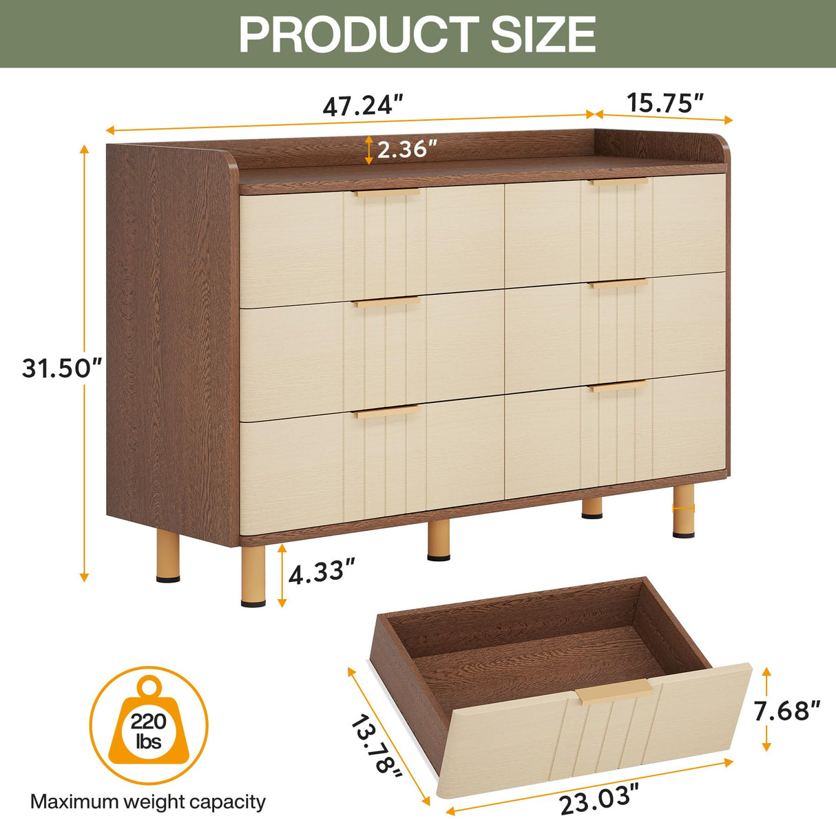 Tribesigns 6-Drawer Double Dresser, Modern Chest of Deep Drawers, Wooden Storage Dresser Organizer with Gold Metal Handles & Sturdy Legs, Large Storage Cabinet for Bedroom, Living Room, Brown & Oak Tribesigns