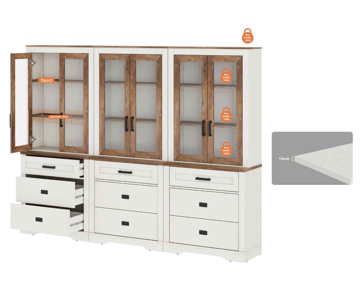 WAMPAT 3 Column 73.3" Tall Bookcase with Glass Door, 94.5" Wide Rustic Wood Bookshelves with Chest of Drawers, Modern Farmhouse Display Cabinet with Adjustable Shelves for Home,Office,White&Oak WAMPAT