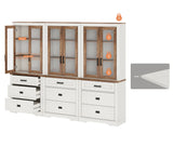 WAMPAT 3 Column 73.3" Tall Bookcase with Glass Door, 94.5" Wide Rustic Wood Bookshelves with Chest of Drawers, Modern Farmhouse Display Cabinet with Adjustable Shelves for Home,Office,White&Oak WAMPAT