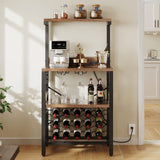 YITAHOME Kitchen Microwave Bakers Stand with Wine Rack, Wine Rack Freestanding Floor Small Storage Shelves for Liquor Bottle Glasses Power Outlet Farmhouse Coffee Bar 31 Inch, Rustic Brown YITAHOME