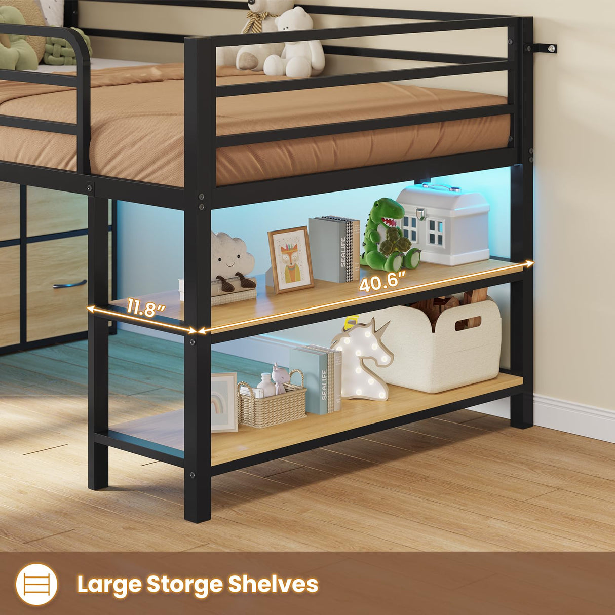 BTHFST Twin Size Low Loft Bed with 6 Fabric Storage Drawers, Metal Loft Bed Twin with LED Lights & Open Storage Shelves, 15" H Safety & Guardrail Stairs Loft Bed for Kids, Black & Natural BTHFST