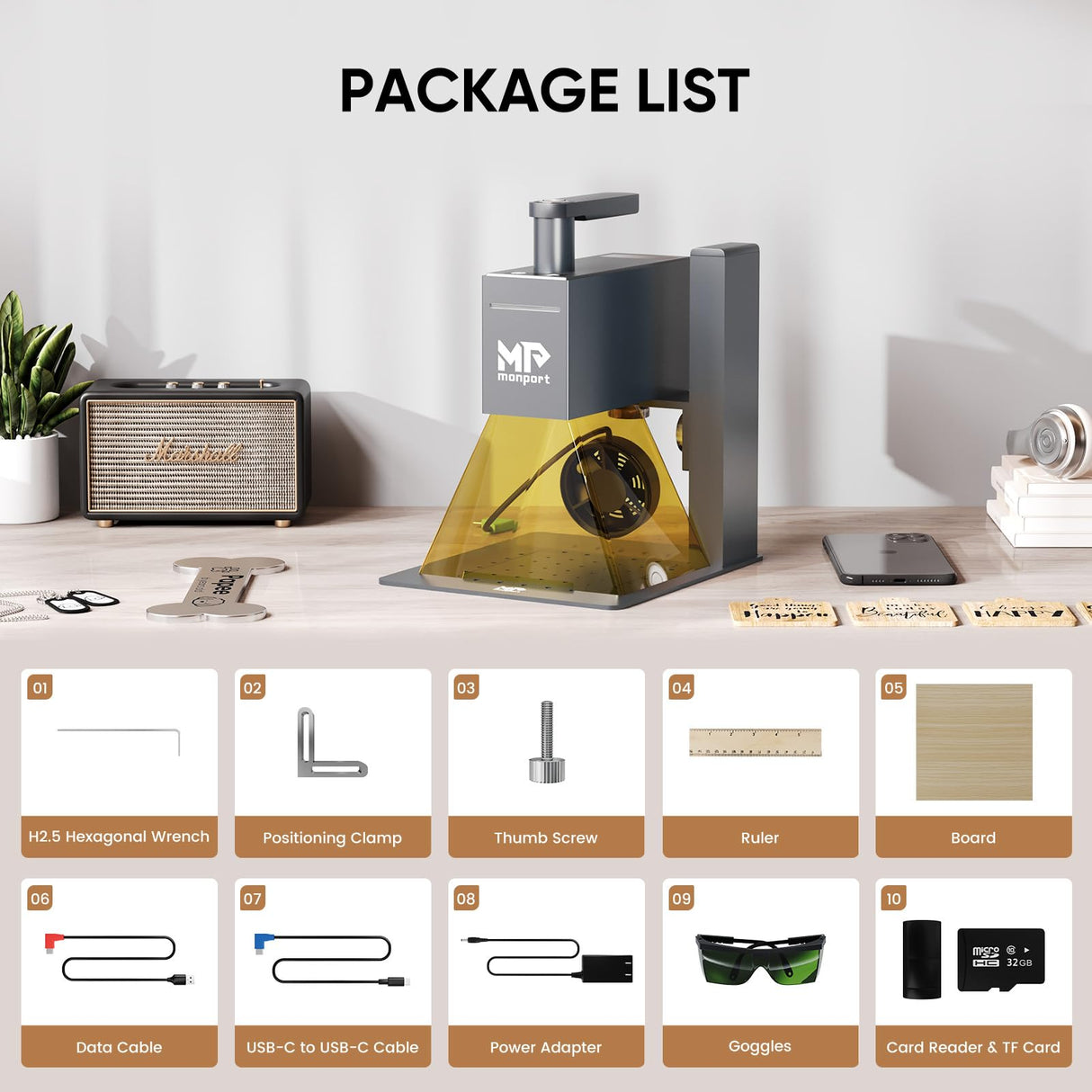 Monport 6W Laser Engraver,Portable Handheld Laser Engraving Machine,0.01mm High Precision 5000mm/s High Speed Laser Marking Machine for Wood,Leather,Cardboard,Kraft,Aluminum,Stainless Steel etc. Monport