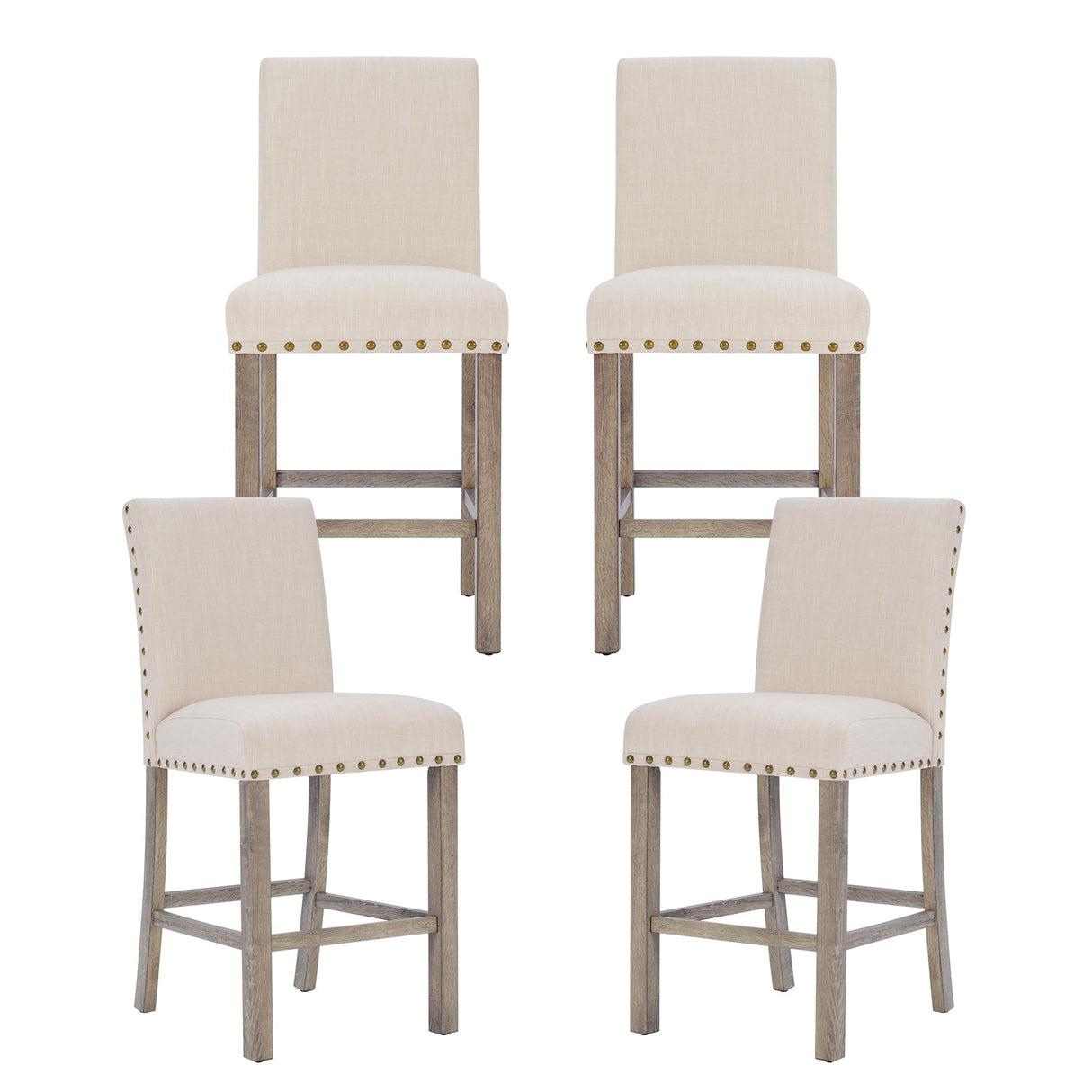 Bar Stools Set of 4, 25.5' Farmhouse Counter Height Barstools, Linen Upholstered Bar Chairs with Ergonomic Backrest and Wood Legs for Kitchen Island, Home Bar, Beige Farati