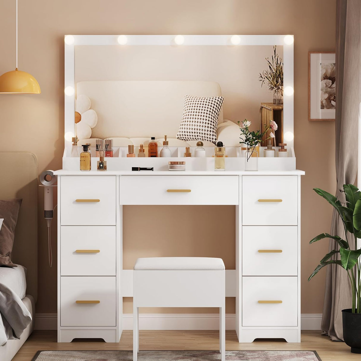 METOTI Vanity Desk with 38" Large Mirror and 9 LED Lights & Glass Top and Power Outlet, Adults Makeup Vanity with Chair and 7 Storage Drawers, Dressing Table Set for Bedroom, Modern White METOTI