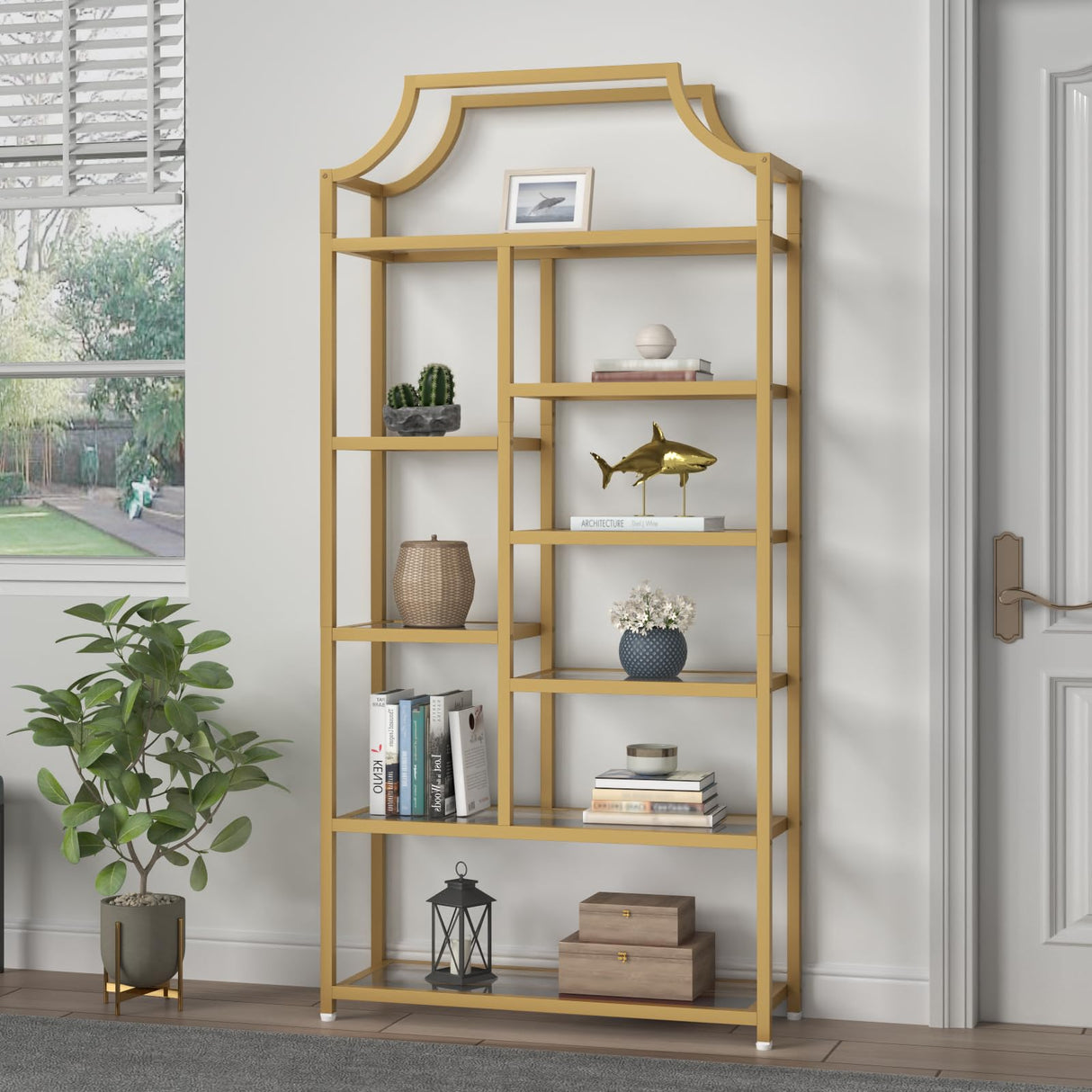 Loomie 8-Open Shelf Bookshelf, 70.87" H x 31.5" L Lux Etagere, Tempered Glass Bookcase, Tall Storage Display Modern Open Book Case for Bedroom, Home Office & Living Room, Gold Finish & Glass Shelving Loomie