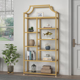 Loomie 8-Open Shelf Bookshelf, 70.87" H x 31.5" L Lux Etagere, Tempered Glass Bookcase, Tall Storage Display Modern Open Book Case for Bedroom, Home Office & Living Room, Gold Finish & Glass Shelving Loomie