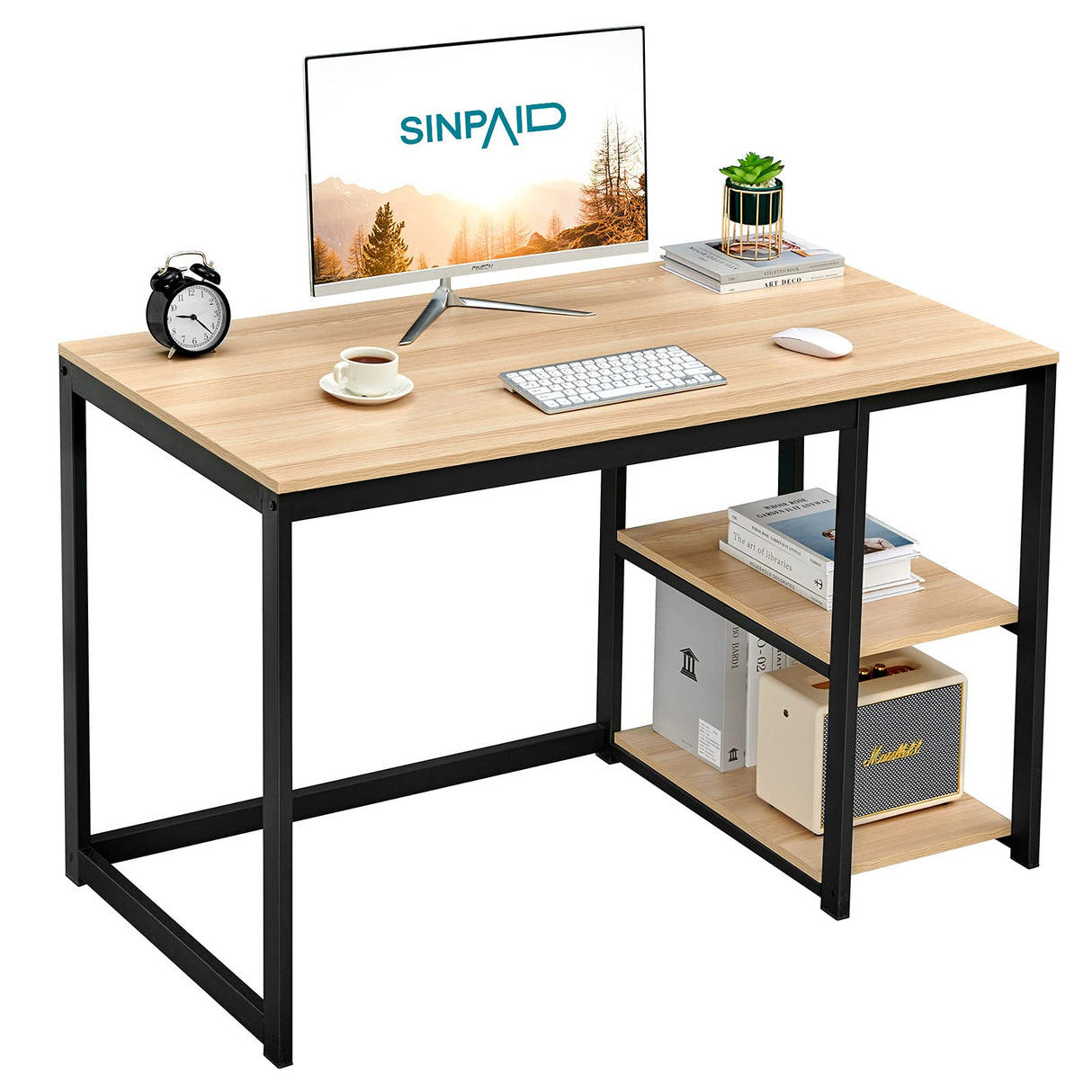 SINPAID Computer Desk 40 inches with 2-Tier Shelves Sturdy Home Office Desk with Large Storage Space Modern Gaming Desk Study Writing Laptop Table, OAK SINPAID