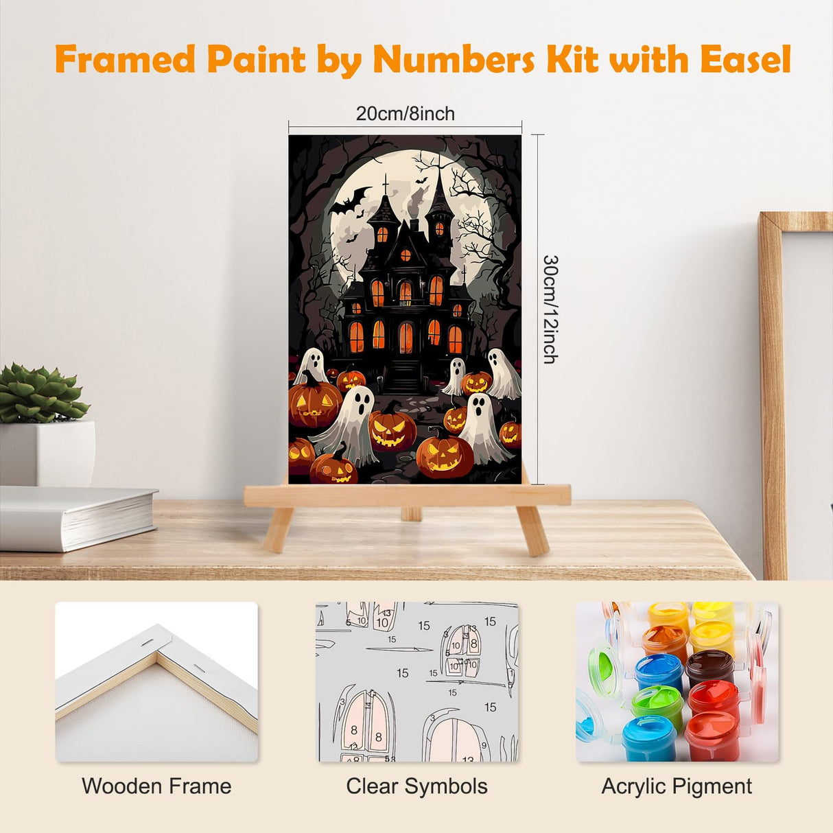 MOGTAA Halloween Paint by Numbers Kit for Adults Beginners with Frame, Ghost Adult Paint by Number Kits on Canvas with Easel, Easy DIY Pumpkin Oil Painting Kits for Home Decor, 8x12in MOGTAA
