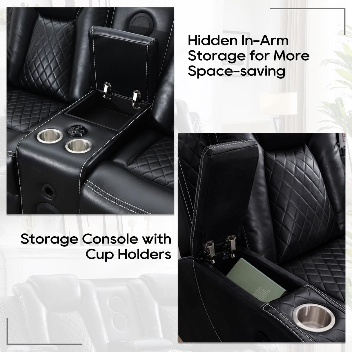 Power Recliner Sofa Set with Bass Speaker for Living Room,Faux Leather 3 Seater Reclining Sofa and Loveseat Seating Couch w/ Wireless Charger,Reading Light,LED Lights,Home Theater Love seat Sets,Black Comfort Stretch