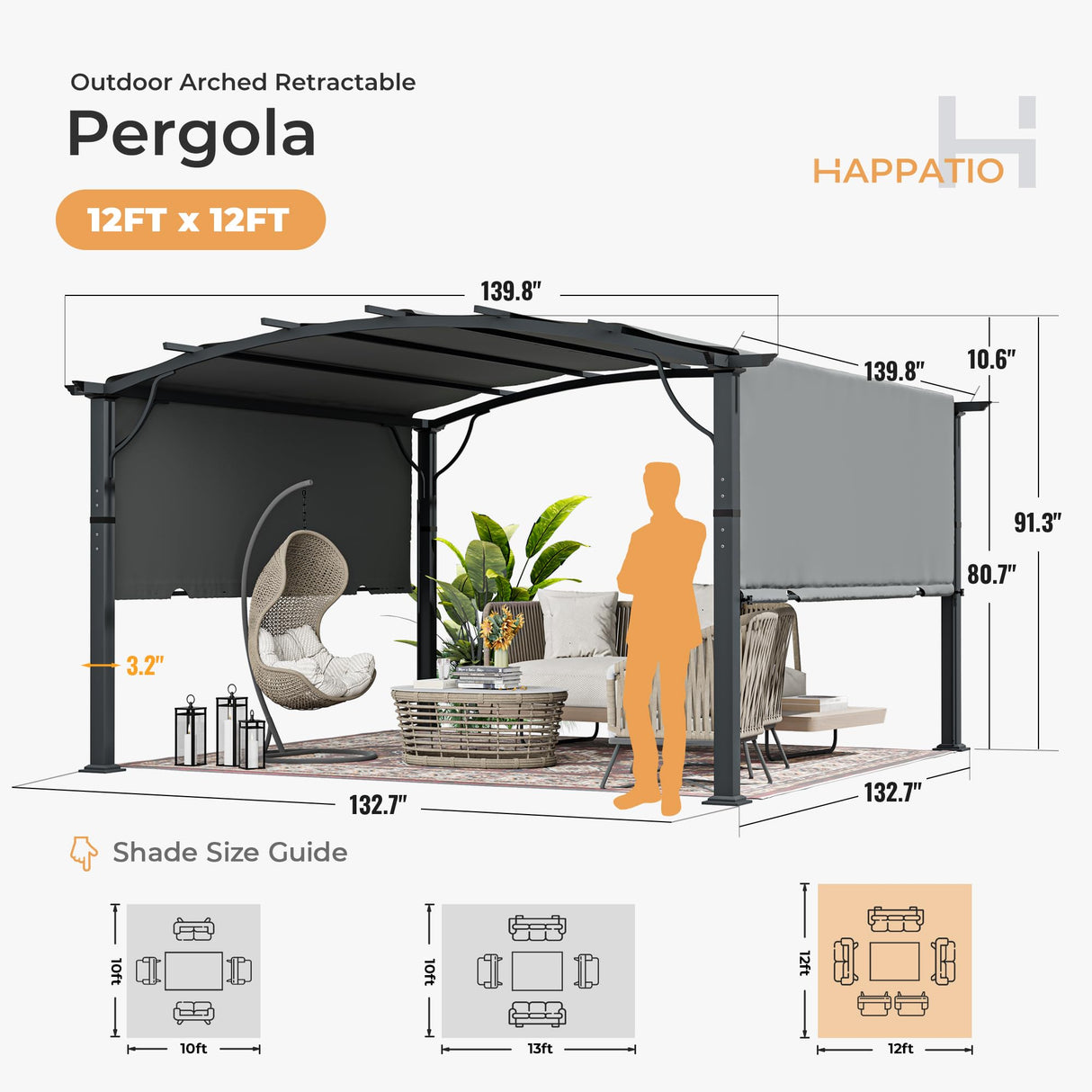 HAPPATIO 12' x12' Outdoor Retractable Pergola, Aluminum Pergola with Canopy Fixed in Various Positions, Arched Patio Pergola with Sun Shade Canopy Metal pergola for Backyards, Gardens, Patios (Grey) HAPPATIO